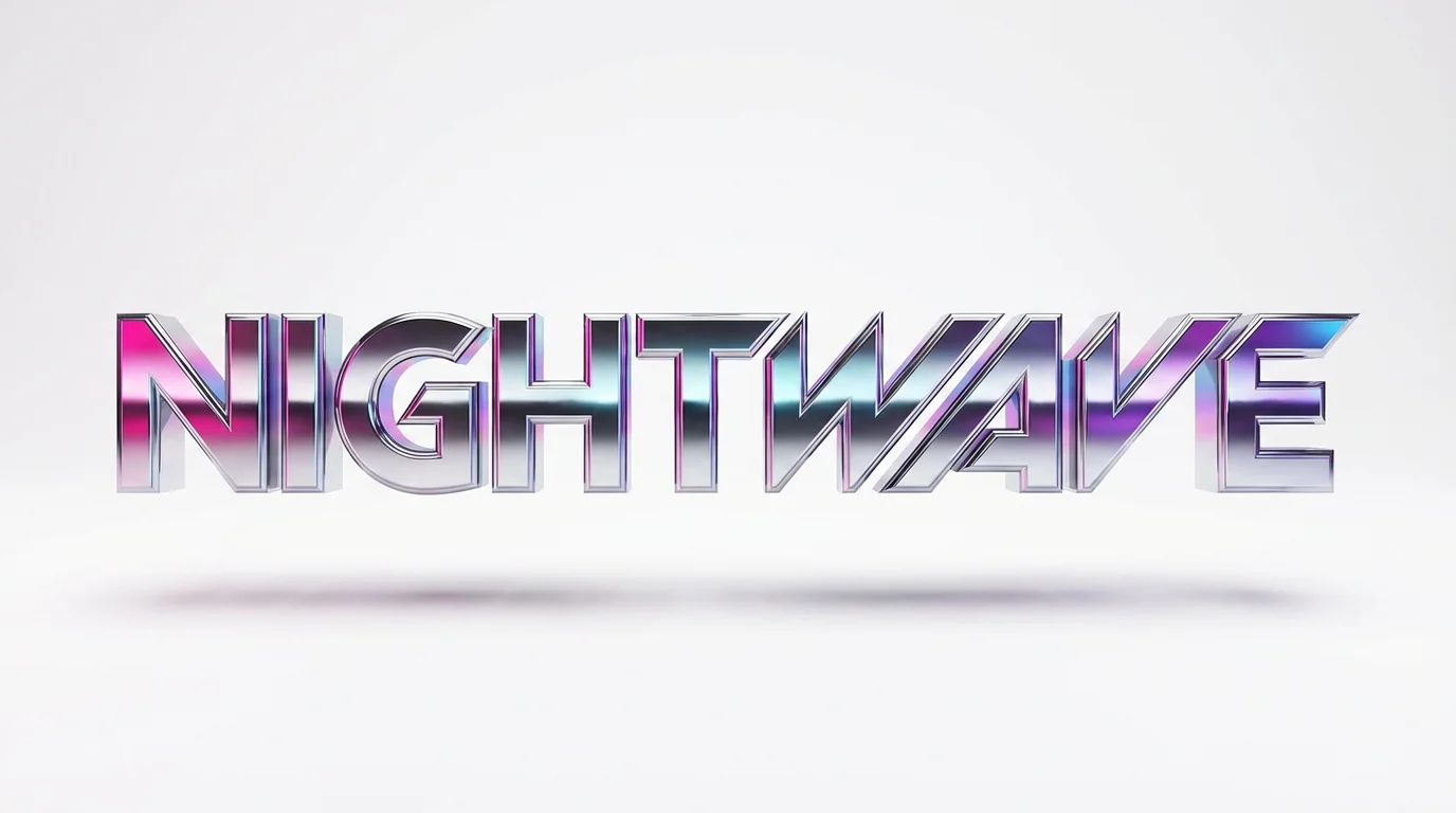 A photorealistic 80s-style chrome logo mockup for the word 'NIGHTWAVE', featuring shiny metallic letters with pink and blue neon reflections, set against a plain white background.