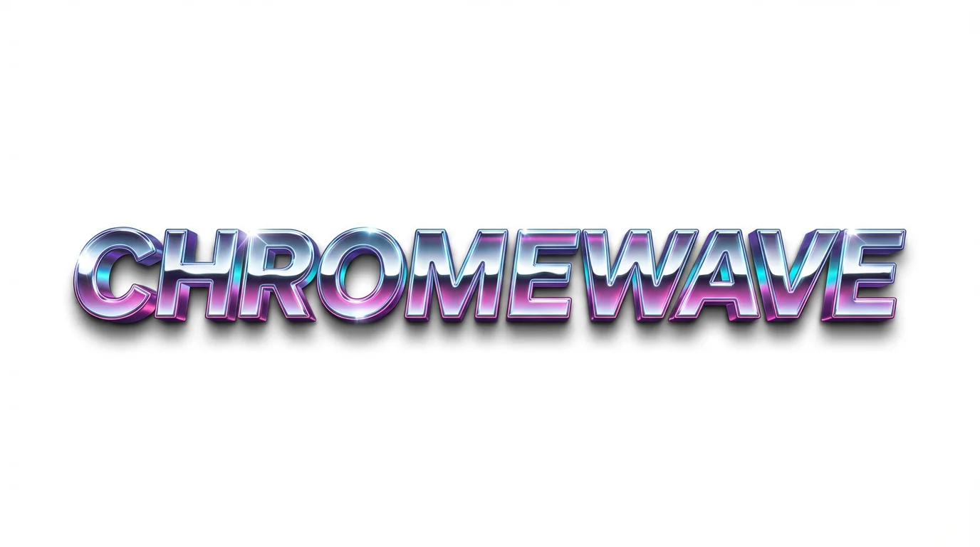 A retro 80s chrome logo of the word 'CHROMEWAVE' with vibrant neon pink and blue reflections, set against a plain white background.