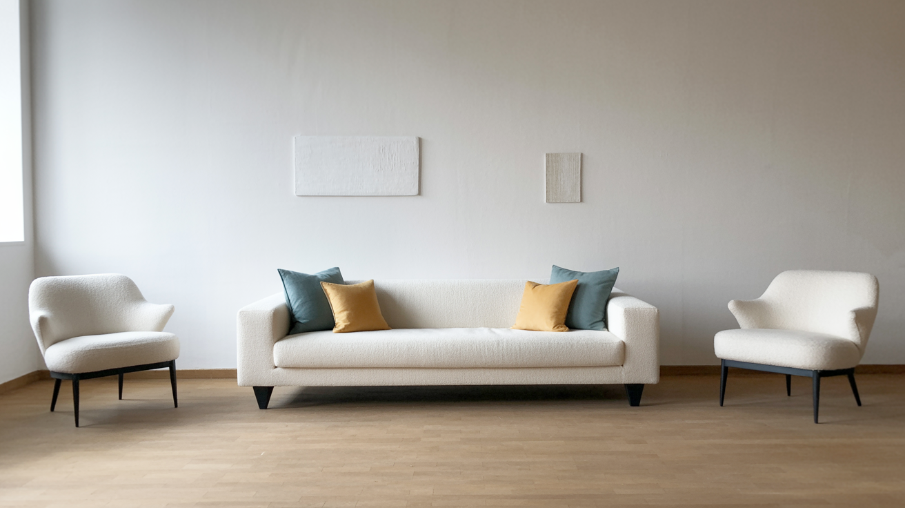 A stylish living room with beige walls and a cream sofa, shown next to a generated color palette featuring five circles with colors taken from the room: teal, yellow, beige, cream, and gray.