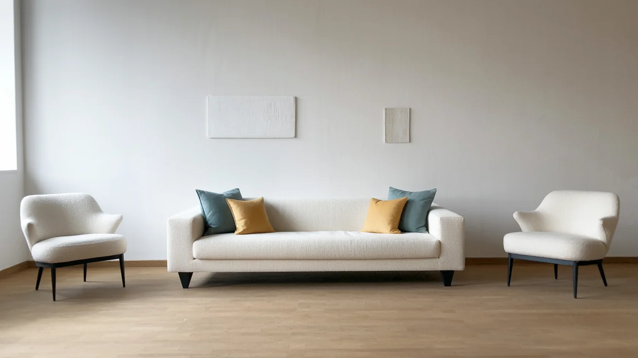 A stylish living room with beige walls and a cream sofa, shown next to a generated color palette featuring five circles with colors taken from the room: teal, yellow, beige, cream, and gray.