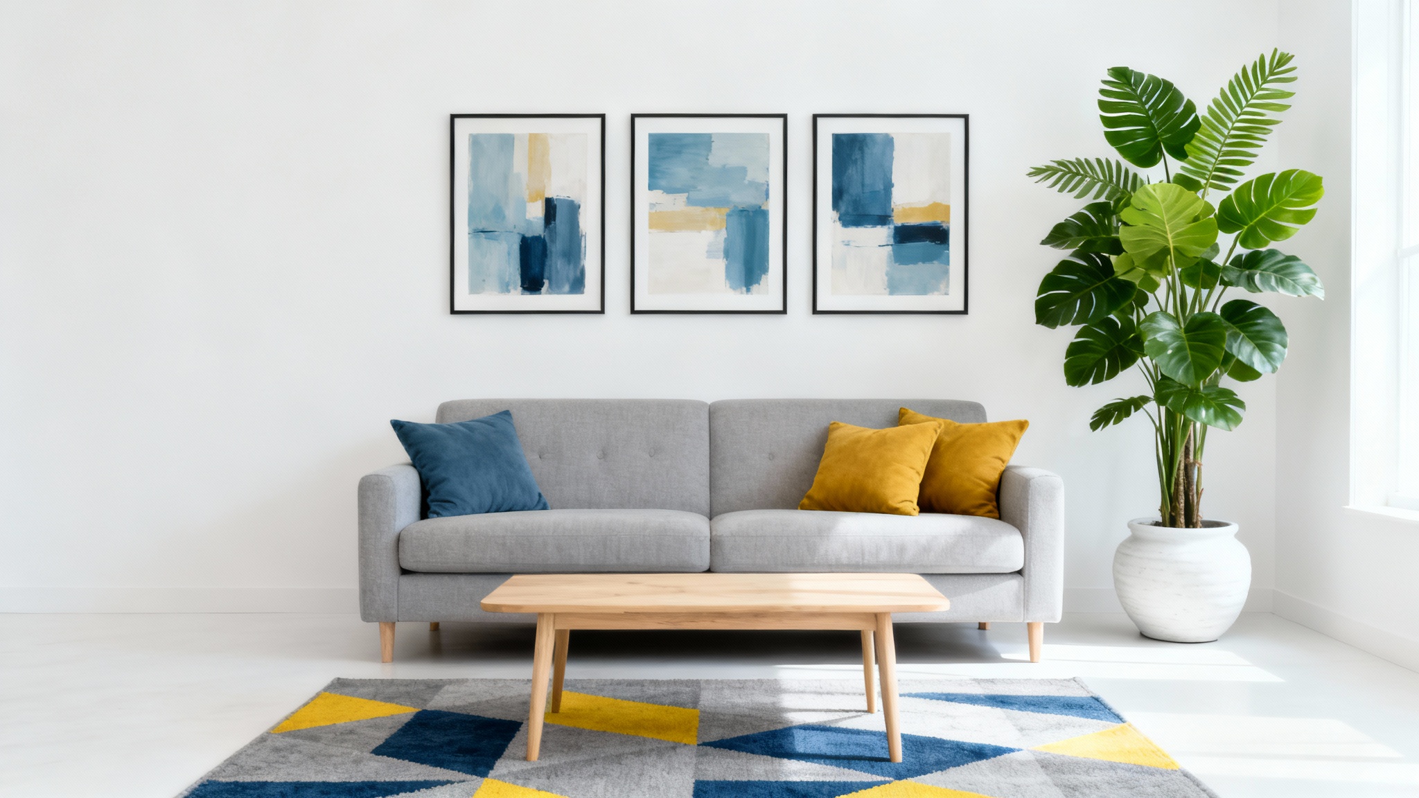 A modern living room showcasing a color palette of gray, dusty blue, and mustard yellow. The scene features a sofa, a coffee table on a geometric rug, and abstract wall art, all in a bright, naturally lit space.