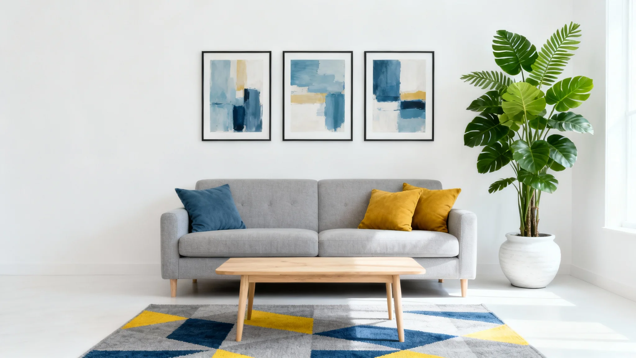 A modern living room showcasing a color palette of gray, dusty blue, and mustard yellow. The scene features a sofa, a coffee table on a geometric rug, and abstract wall art, all in a bright, naturally lit space.