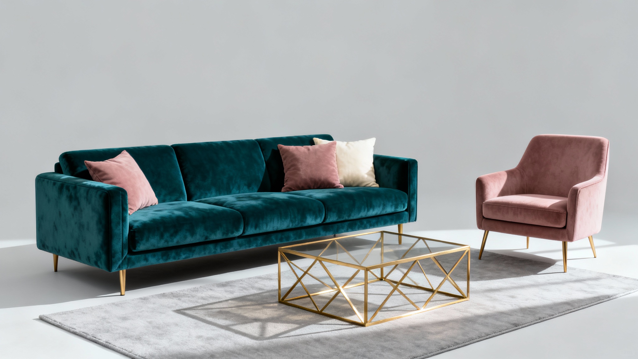 A photorealistic mockup of a modern living room demonstrating a color palette of dusty rose, deep teal, and brass against a clean, light background.