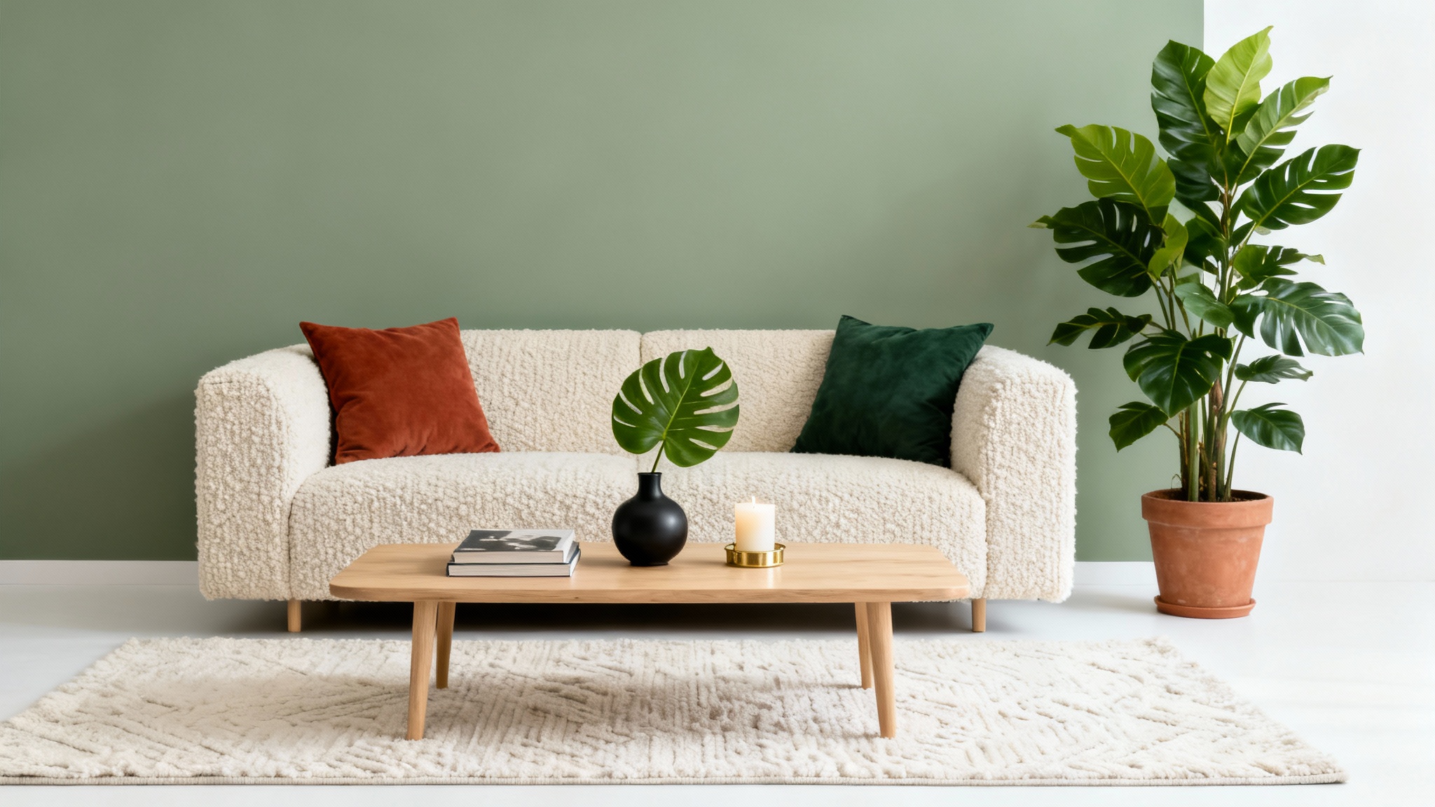 A modern living room designed with a color palette of sage green, cream, and terracotta, shown against a clean white background. Features a plush sofa, a light wood coffee table, and a large plant.
