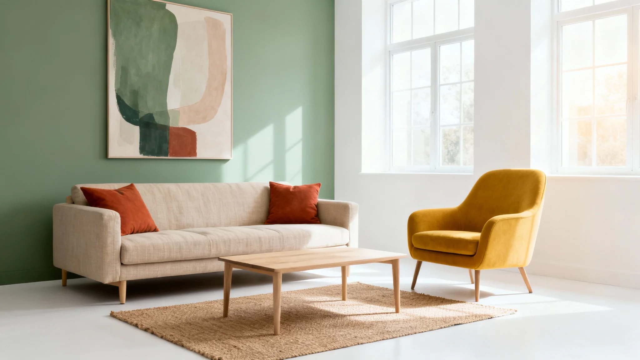 A bright and modern living room showcasing a harmonious color palette of sage green, terracotta, and beige, with a pop of mustard yellow in an accent chair.