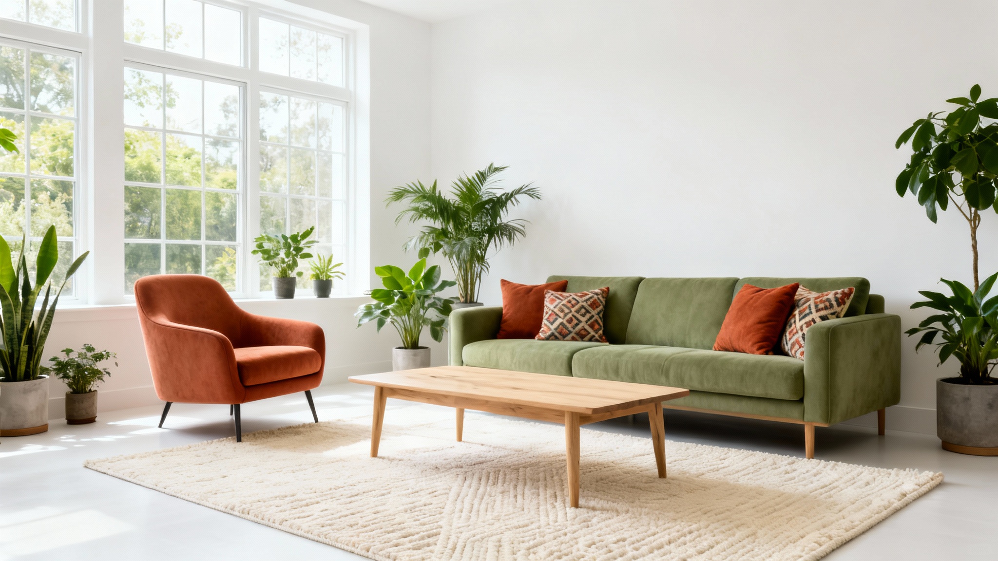 A beautifully designed modern living room showcasing a harmonious color palette of sage green, terracotta, and cream, creating a warm and inviting atmosphere.