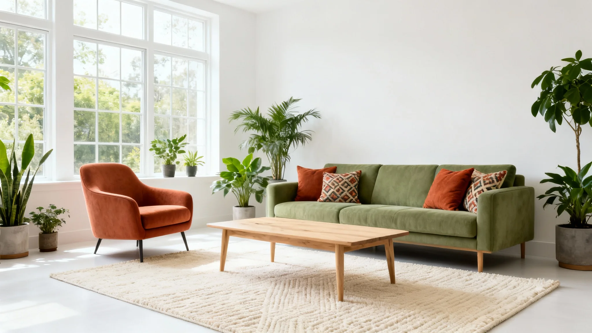 A beautifully designed modern living room showcasing a harmonious color palette of sage green, terracotta, and cream, creating a warm and inviting atmosphere.