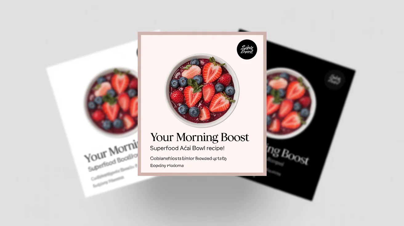 A professionally designed Instagram post for a food blog, featuring a photo of an açai bowl and text that reads 'Your Morning Boost'.