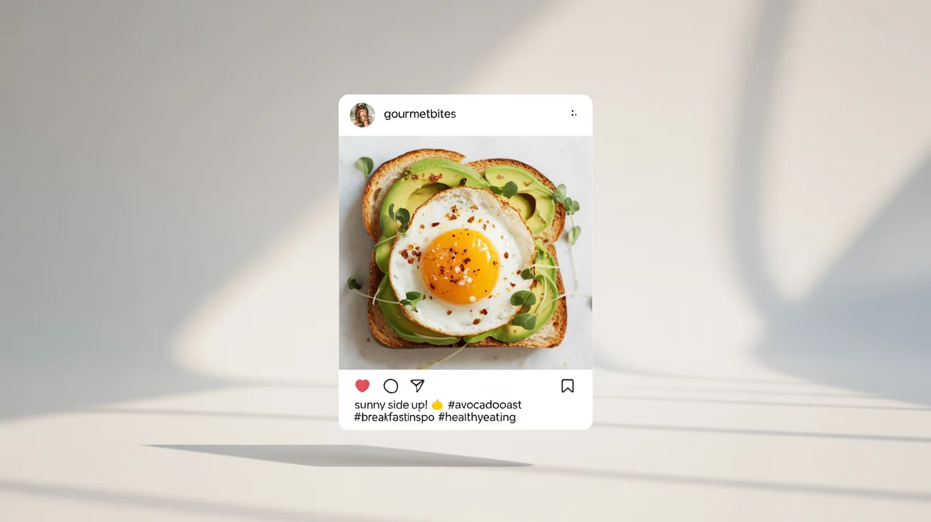 A mockup of a modern Instagram post featuring a picture of gourmet avocado toast. The post has the username '@GourmetBites' and a caption with hashtags like #AvocadoToast and #BreakfastInspo, all on a plain white background.