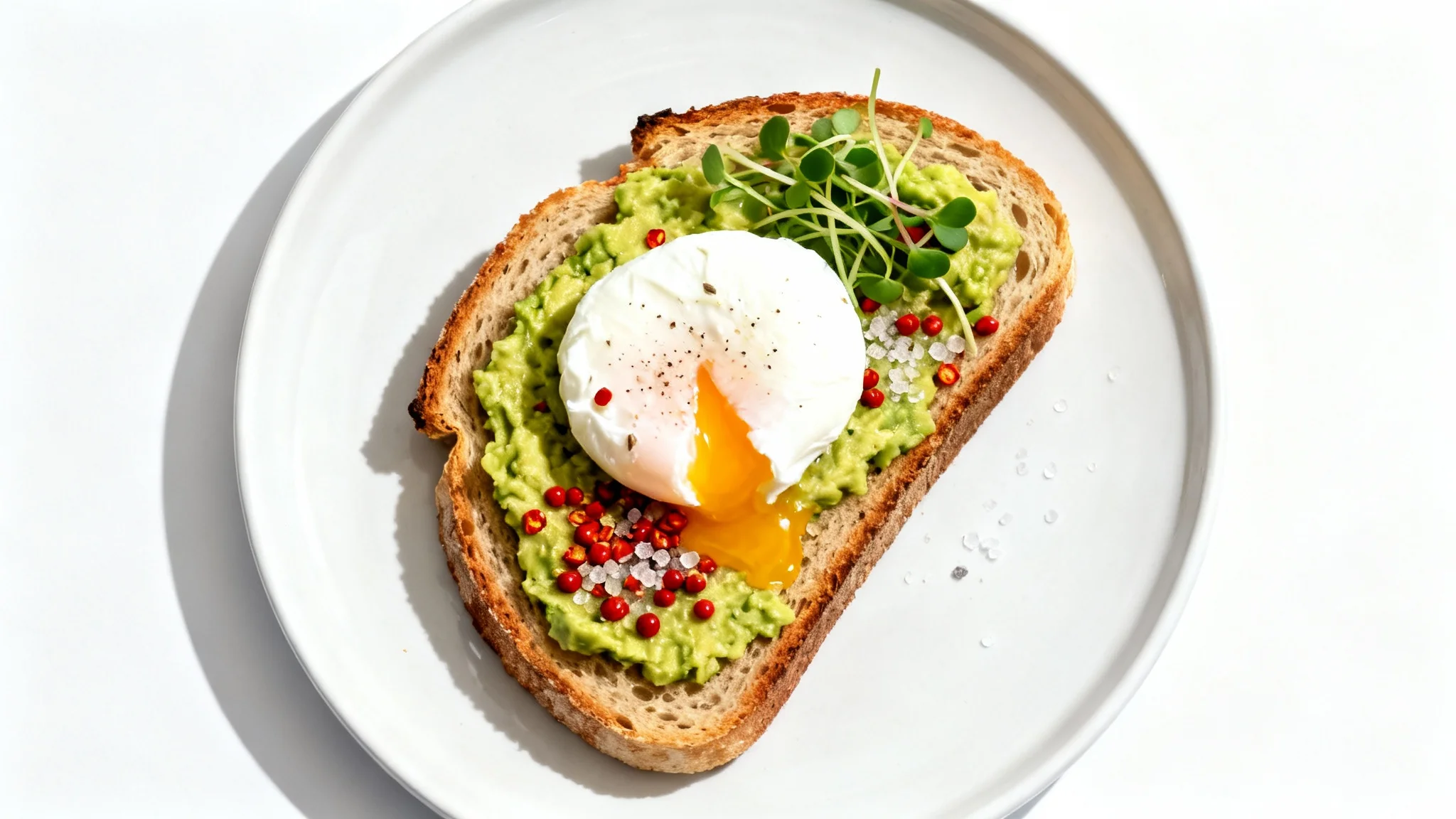 A top-down, professional photograph of a gourmet avocado toast on a white plate, styled as a popular Instagram post against a clean white background. The toast is topped with a poached egg and microgreens.