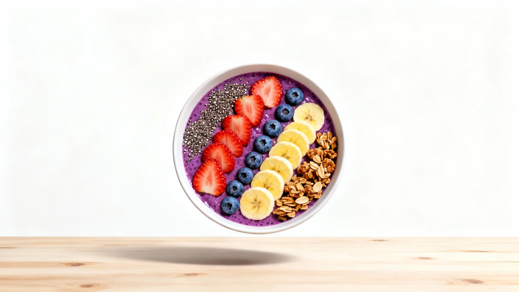 A mockup of a trendy Instagram post featuring a colorful and healthy acai bowl, displayed as a floating card against a plain white background.
