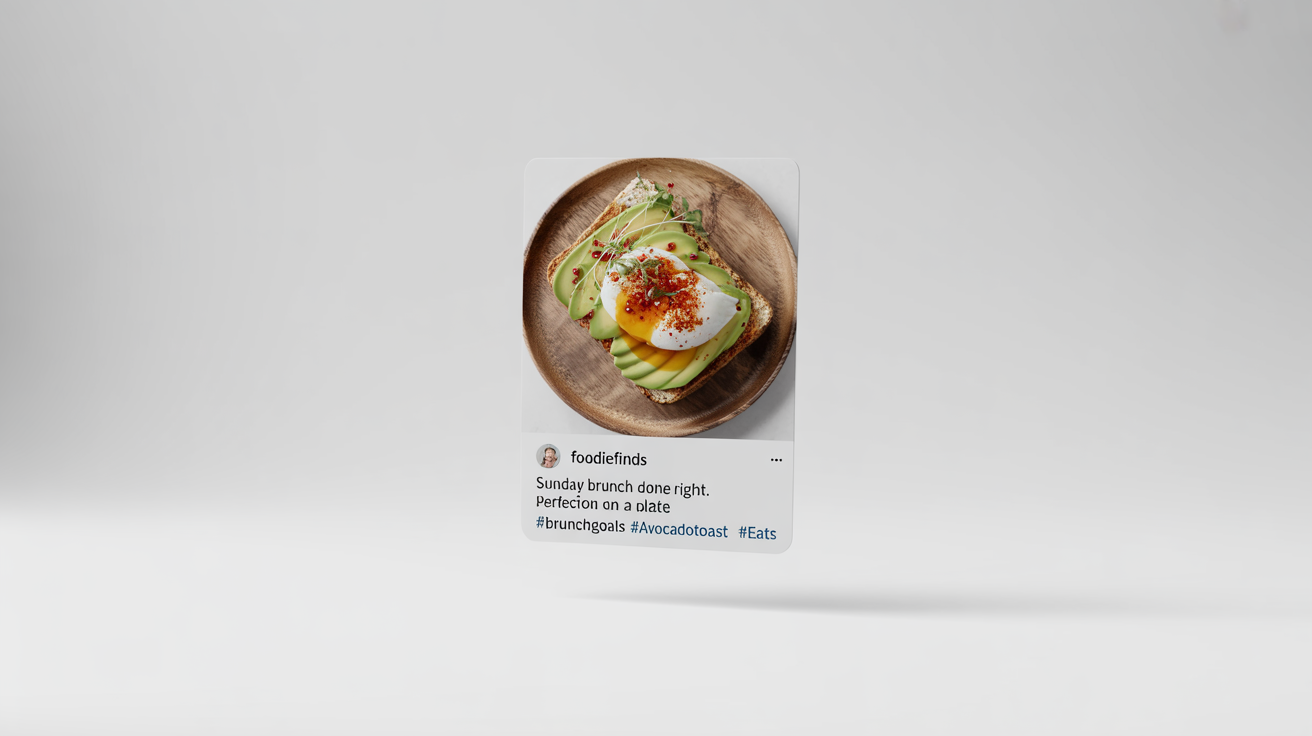 A mockup of a professionally designed Instagram post featuring a photo of avocado toast, floating against a plain white background. The post includes a fictional username and hashtags.