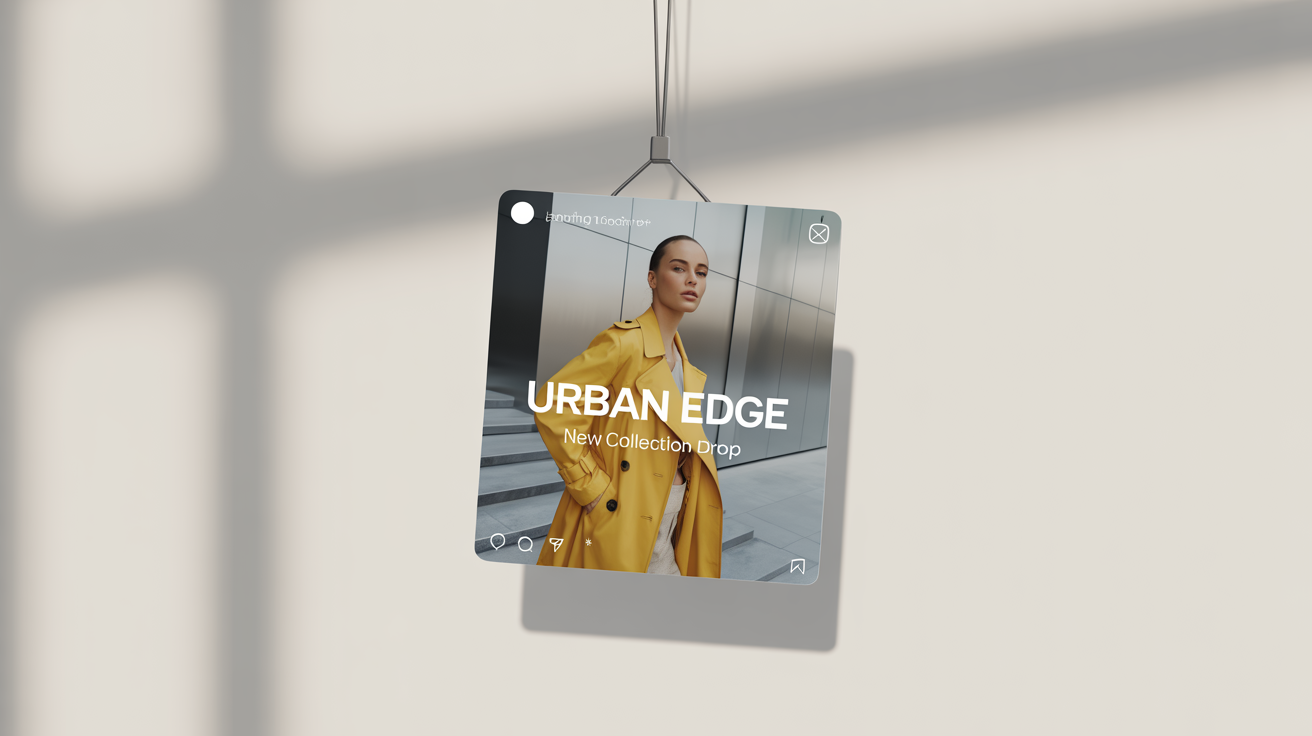 A mockup of a trendy fashion-themed Instagram post with the text 'URBAN EDGE New Collection Drop' displayed against a white background.