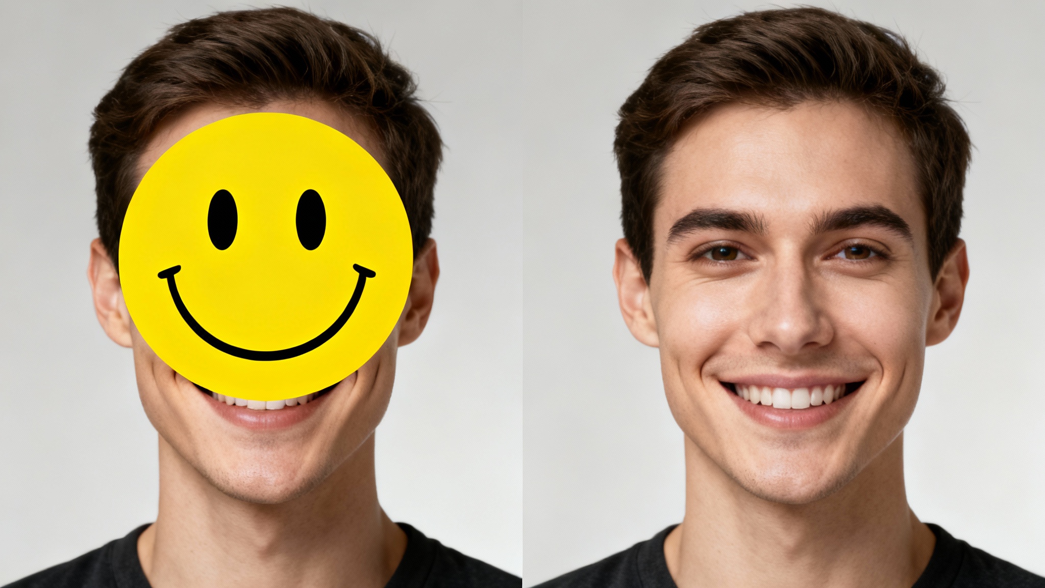 A before-and-after image showing an emoji being removed from a person's face. The left side has a smiley emoji covering a face in a portrait, and the right side shows the same portrait with the face fully and clearly visible.