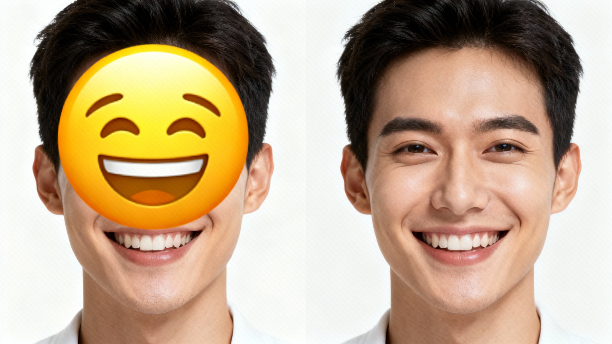 A before-and-after comparison image. The left side shows a portrait with a person's face covered by an emoji. The right side shows the same portrait with the emoji removed, revealing the person's clear face.