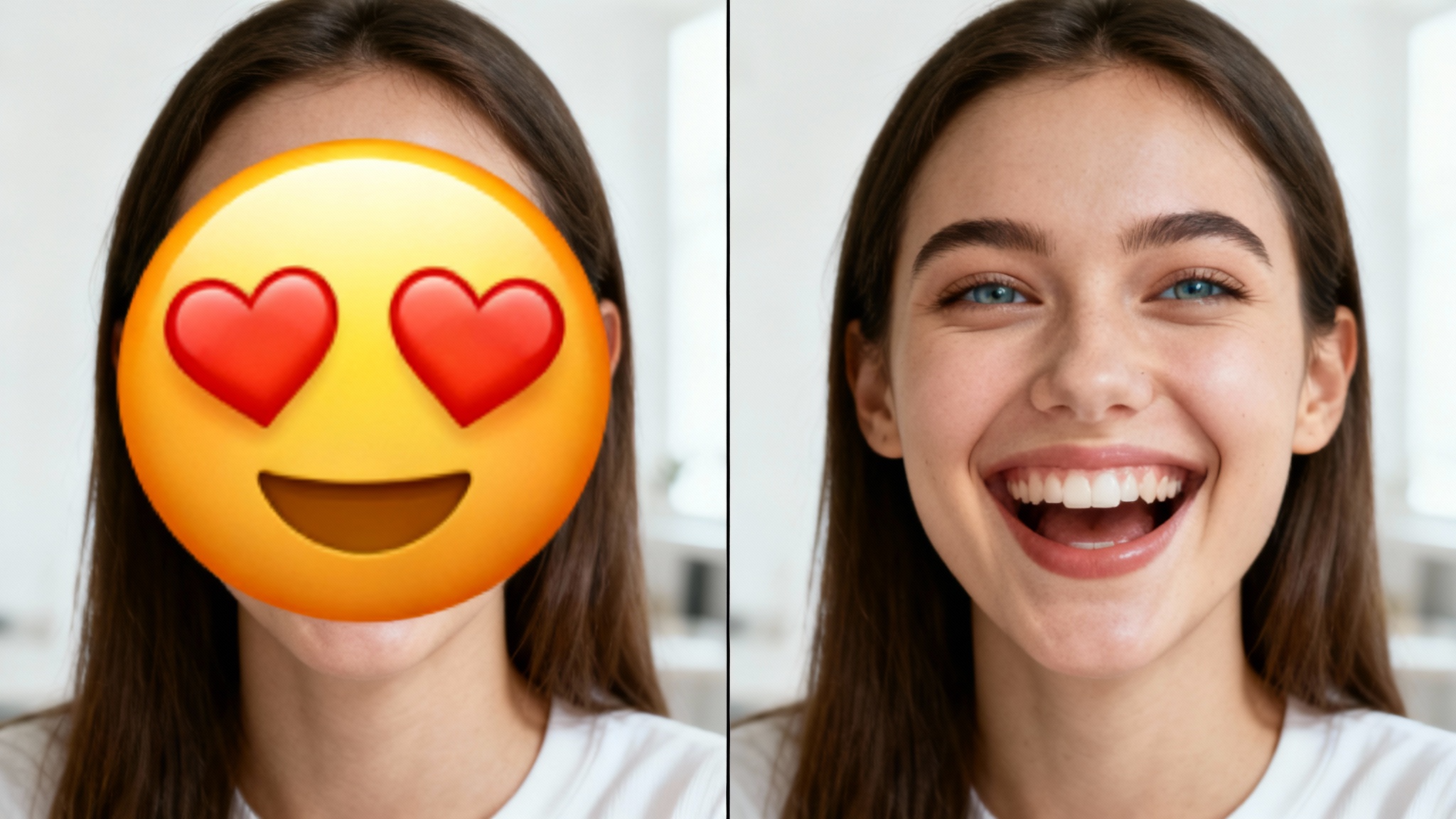A before-and-after comparison image. The 'before' side shows a portrait of a woman with a large emoji covering her face. The 'after' side shows the same portrait with the emoji removed, revealing her smiling face.