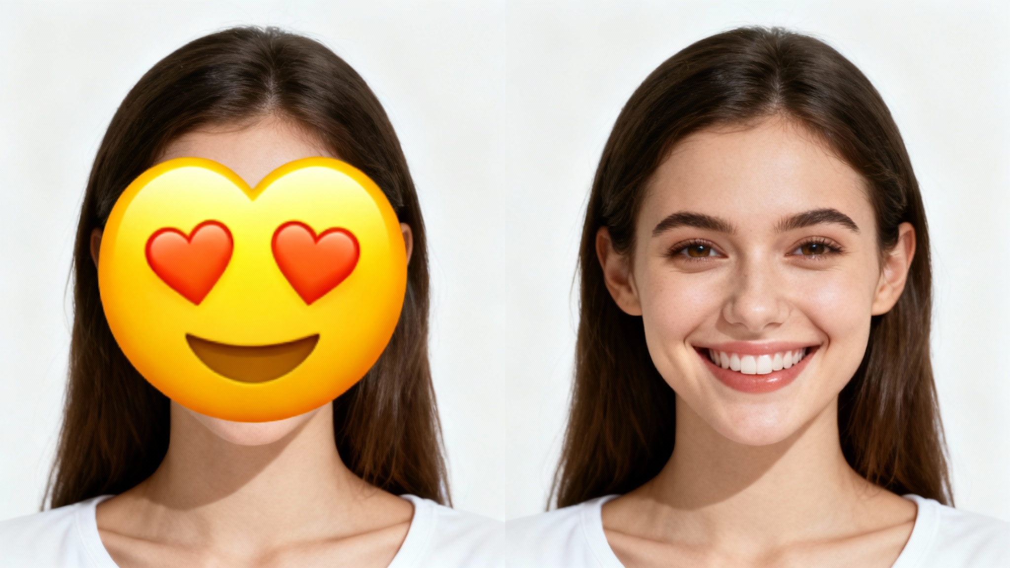 A before-and-after image demonstrating an emoji being removed from a face. The left side shows a portrait with a heart-eyes emoji obscuring the face, and the right side shows the same portrait with the person's clear, smiling face revealed.