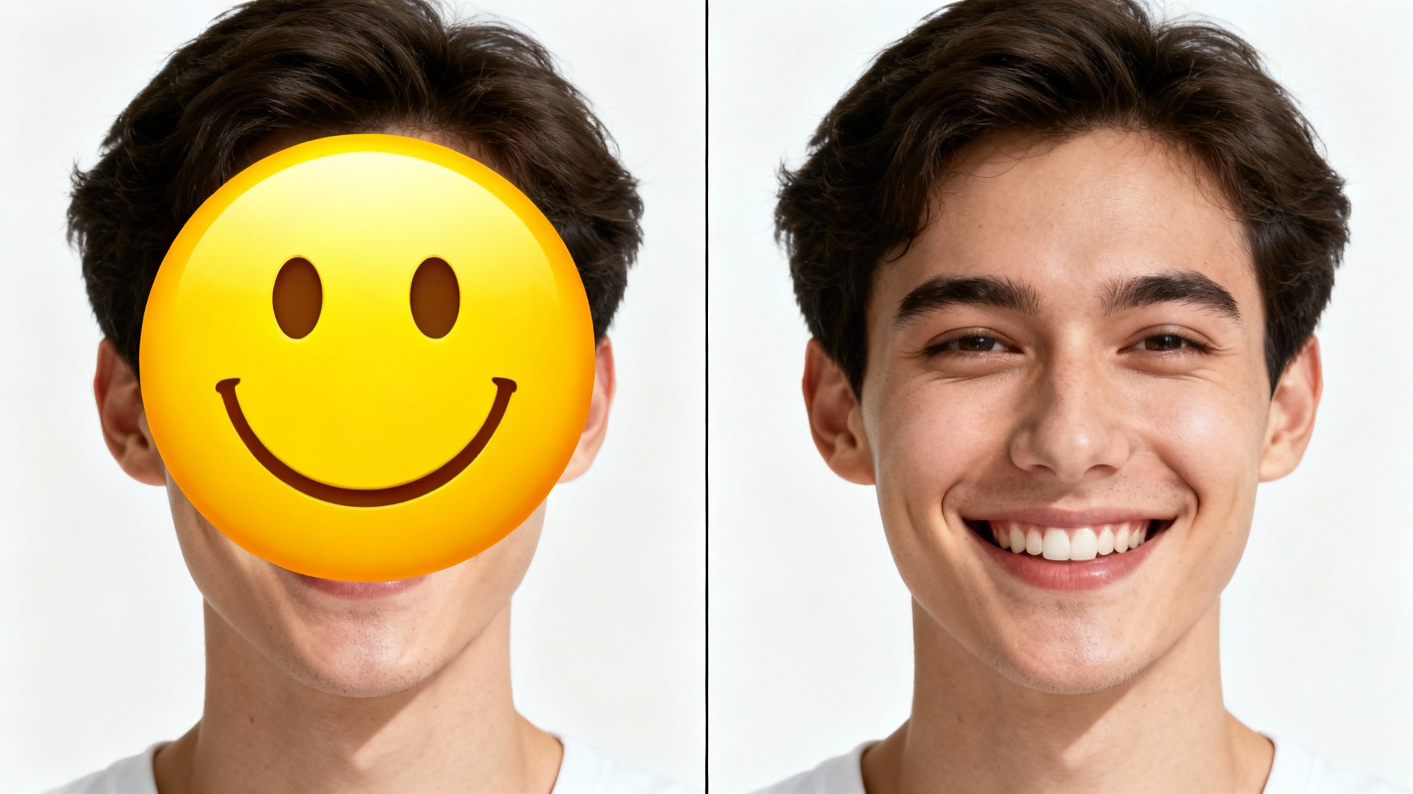 A before-and-after comparison image. On the left, a portrait of a person with a large emoji completely hiding their face. On the right, the same portrait with the emoji removed, showing the person's clear, smiling face.