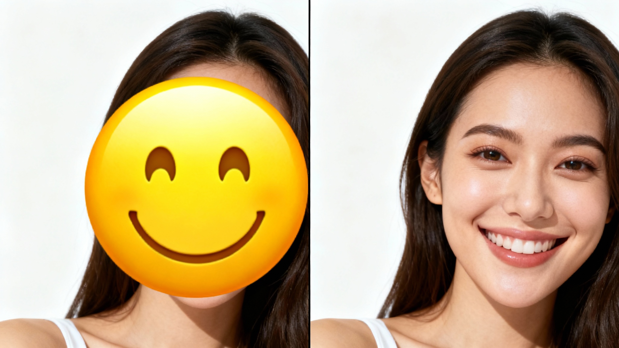 A before-and-after comparison showing an emoji being removed from a woman's face in a photo. The left panel shows the face obscured by an emoji, and the right panel shows the clear, smiling face.