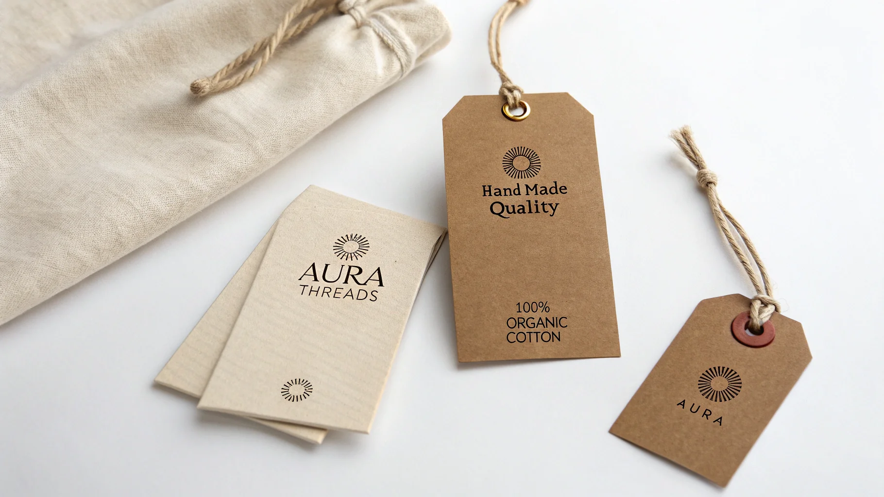A collection of custom-designed clothing hang tags for a fictional apparel brand, displayed on a clean white surface with one tag attached to a piece of linen fabric.