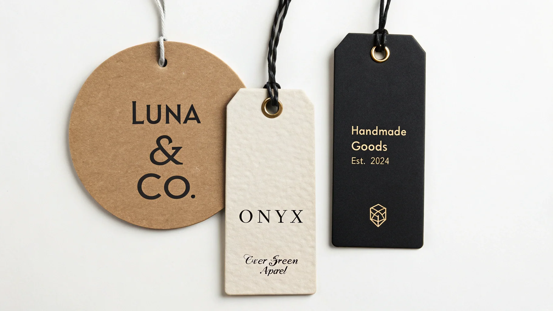A collection of custom clothing hang tags in various shapes, materials, and designs, including rectangular, circular, and leaf-shaped tags with fictional brand names, displayed on a white background to showcase customization options.