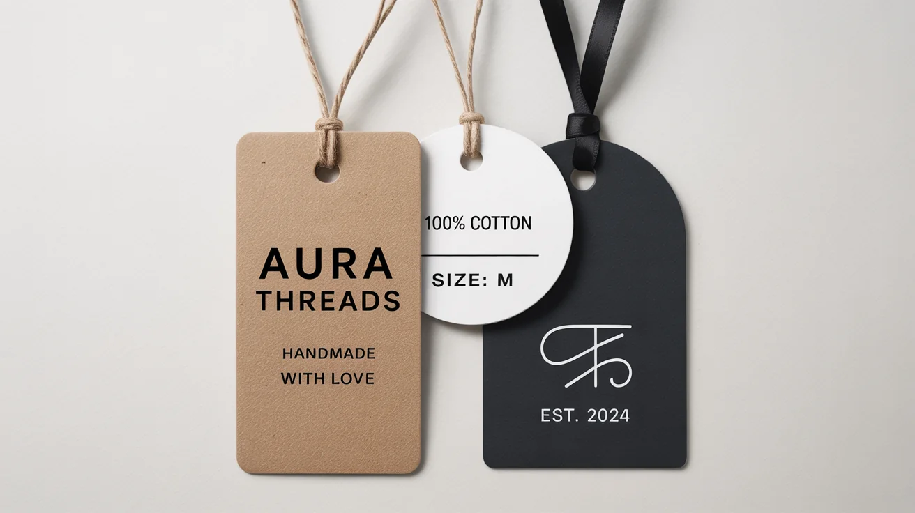 A collection of custom clothing hang tags for the brand 'Aura Threads' laid flat on a white surface, showcasing various designs, materials, and shapes to represent a custom apparel branding service.