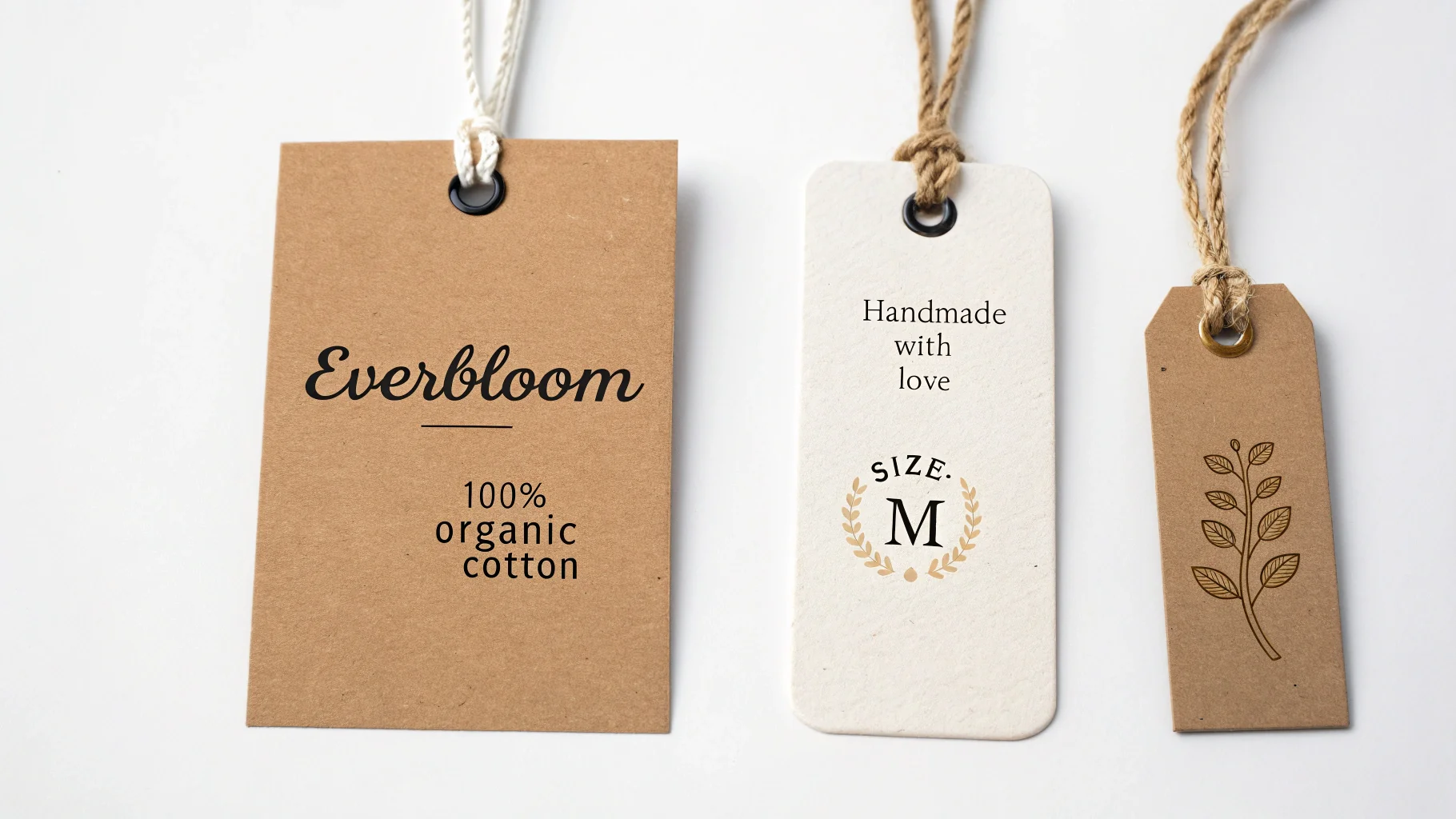 A flat lay of three different custom clothing hang tags for a boutique brand, showcasing various materials like white cardstock, kraft paper, and matte black, with gold and silver foil text on a clean white background.