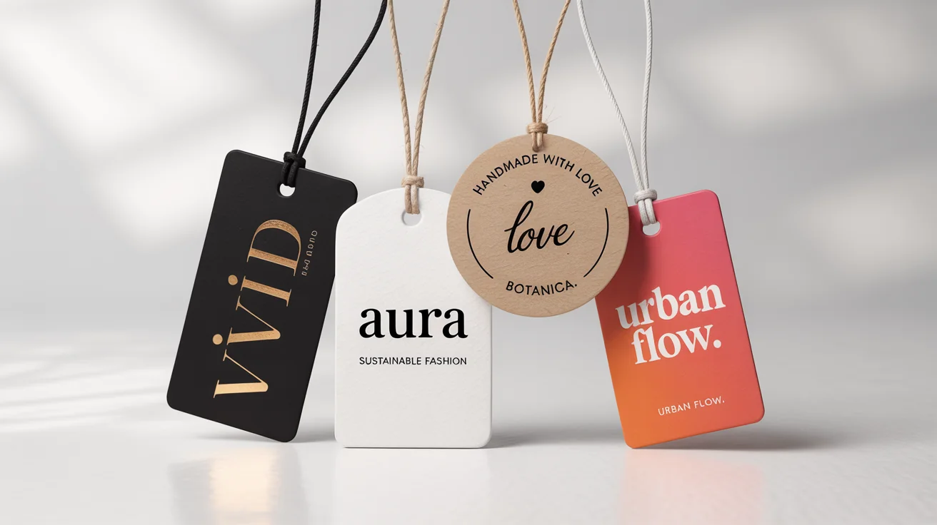 A collection of custom-designed clothing hang tags in various shapes, colors, and materials, displayed on a clean white background.