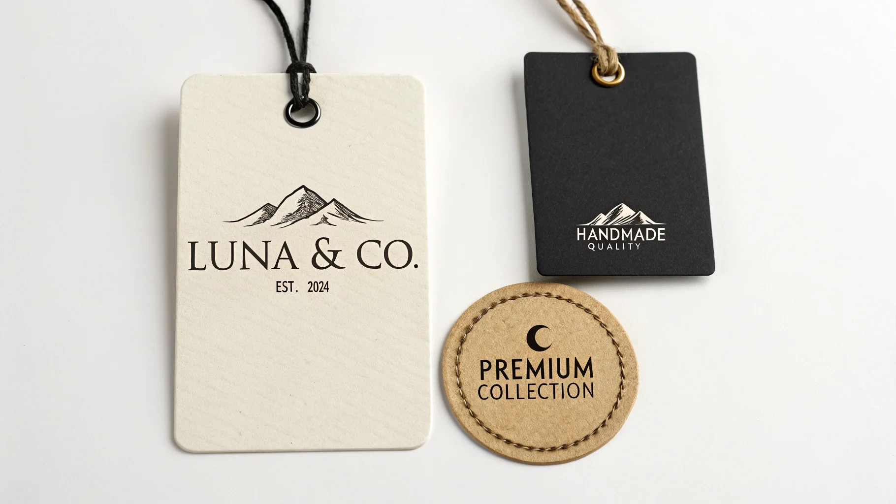 A collection of professionally designed custom clothing hang tags for a fashion brand, showcasing different shapes, materials, and text styles on a clean white background.