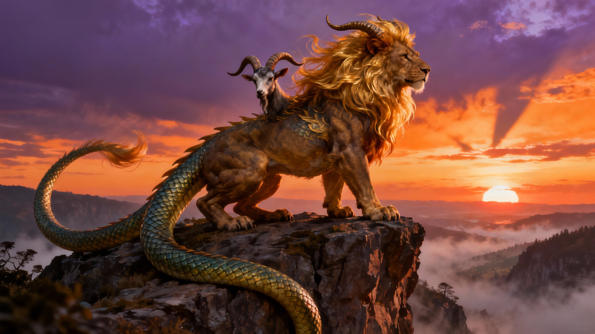 A photorealistic chimera, part lion, goat, and snake, stands majestically on a cliff edge during a dramatic sunset.