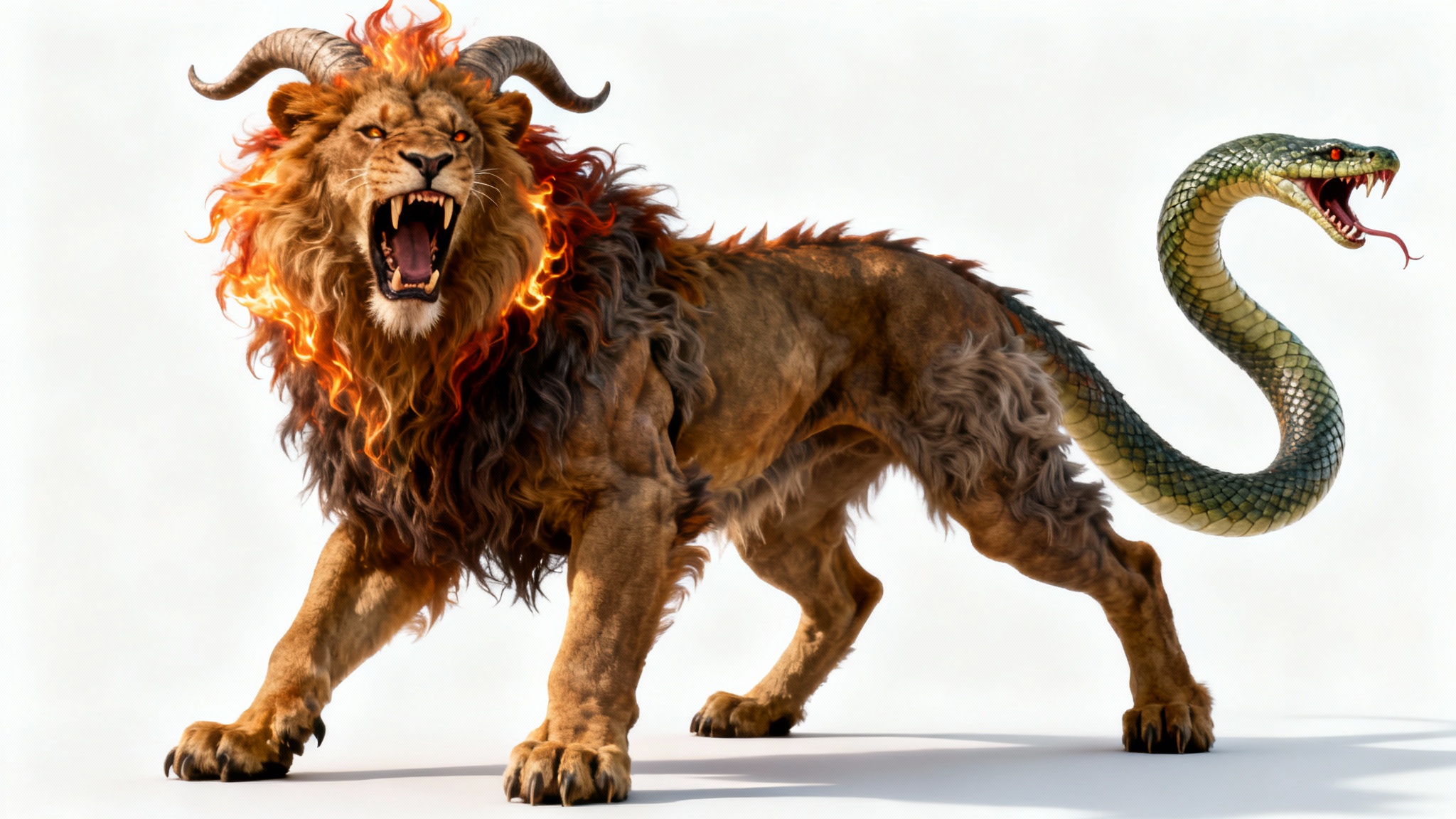 A photorealistic depiction of a mythological chimera on a white background, featuring the head of a lion, the body of a goat, and a serpent's tail.