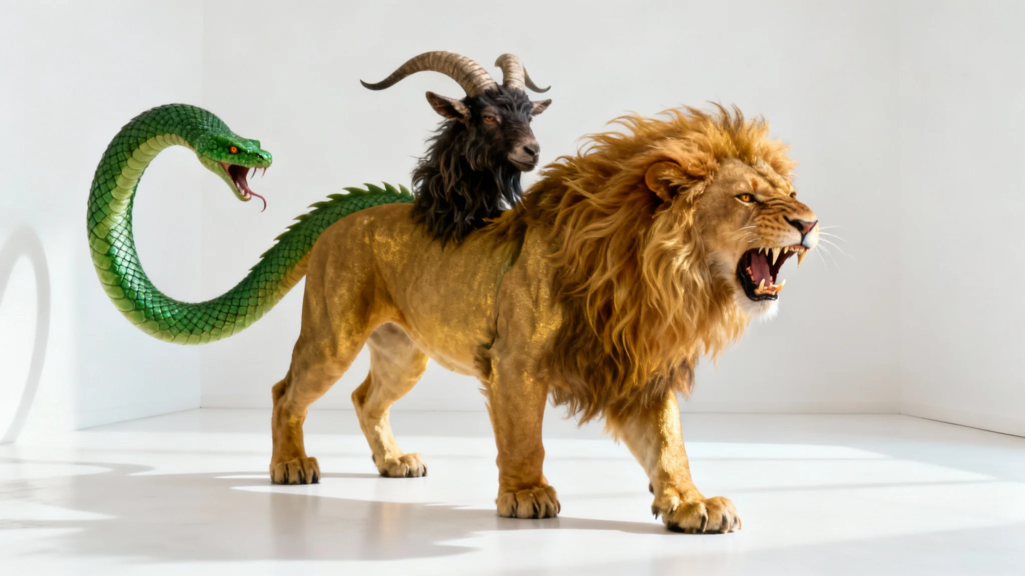 A photorealistic image of the mythical chimera on a white background. The creature has the head and body of a roaring lion, a goat's head on its back, and a serpent for a tail.