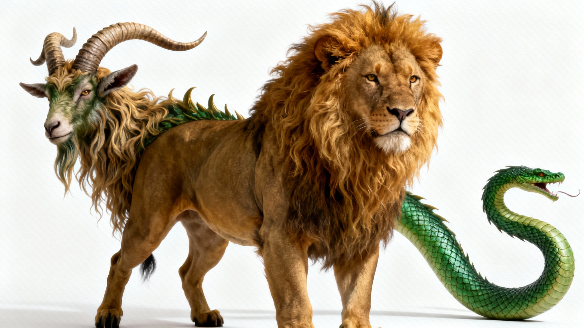 A photorealistic depiction of the mythological Chimera, a creature with a lion's body, a goat's head on its back, and a serpent for a tail, standing majestically against a pure white background.