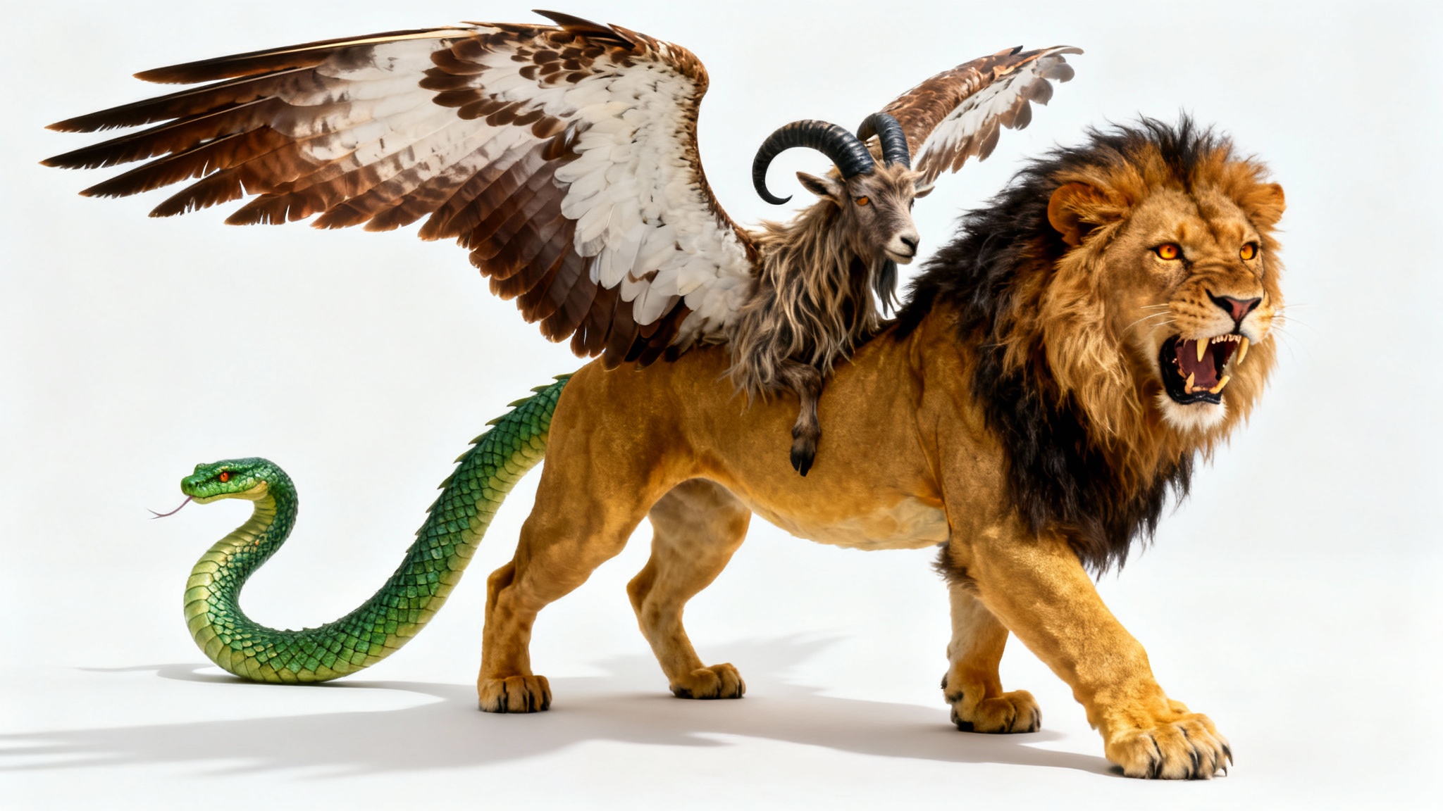 A photorealistic mockup of a mythical chimera against a white background, featuring the body of a lion, the head of a goat on its back, large eagle wings, and a serpent for a tail.