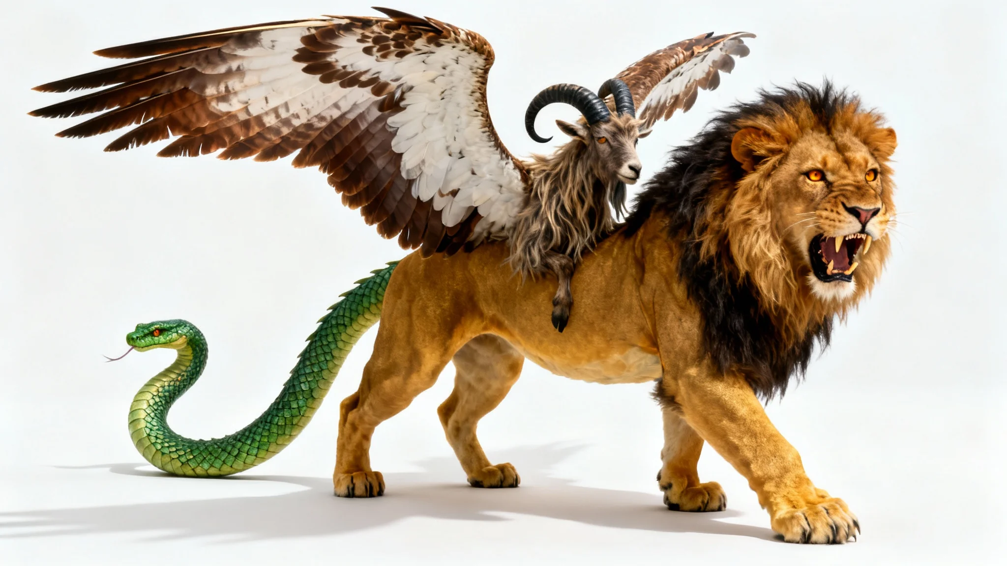 A photorealistic mockup of a mythical chimera against a white background, featuring the body of a lion, the head of a goat on its back, large eagle wings, and a serpent for a tail.