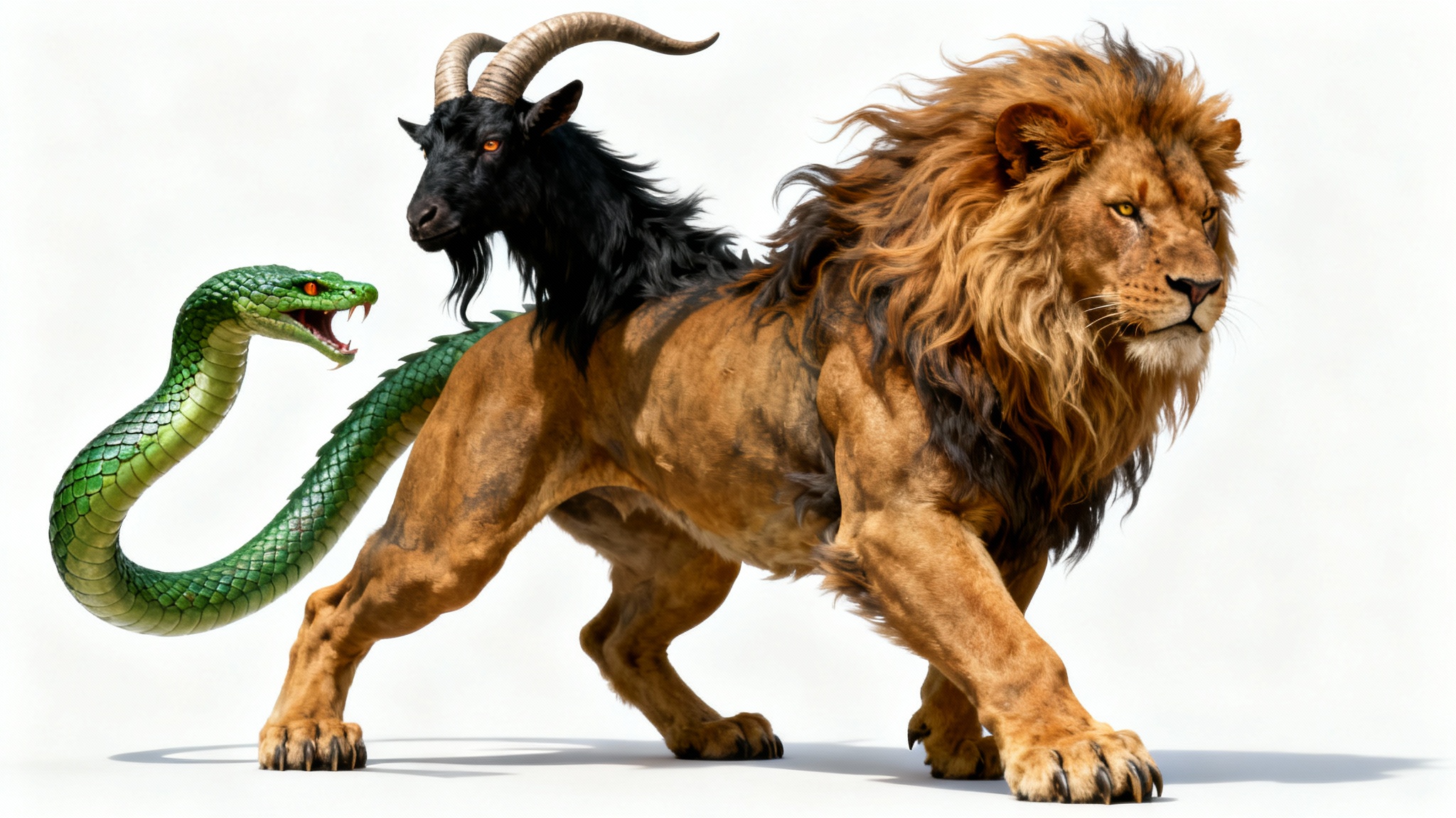 A hyper-realistic image of the mythological Chimera on a white background. It features the body of a lion, a goat's head emerging from its back, and a snake for a tail, all in a powerful and dynamic pose.