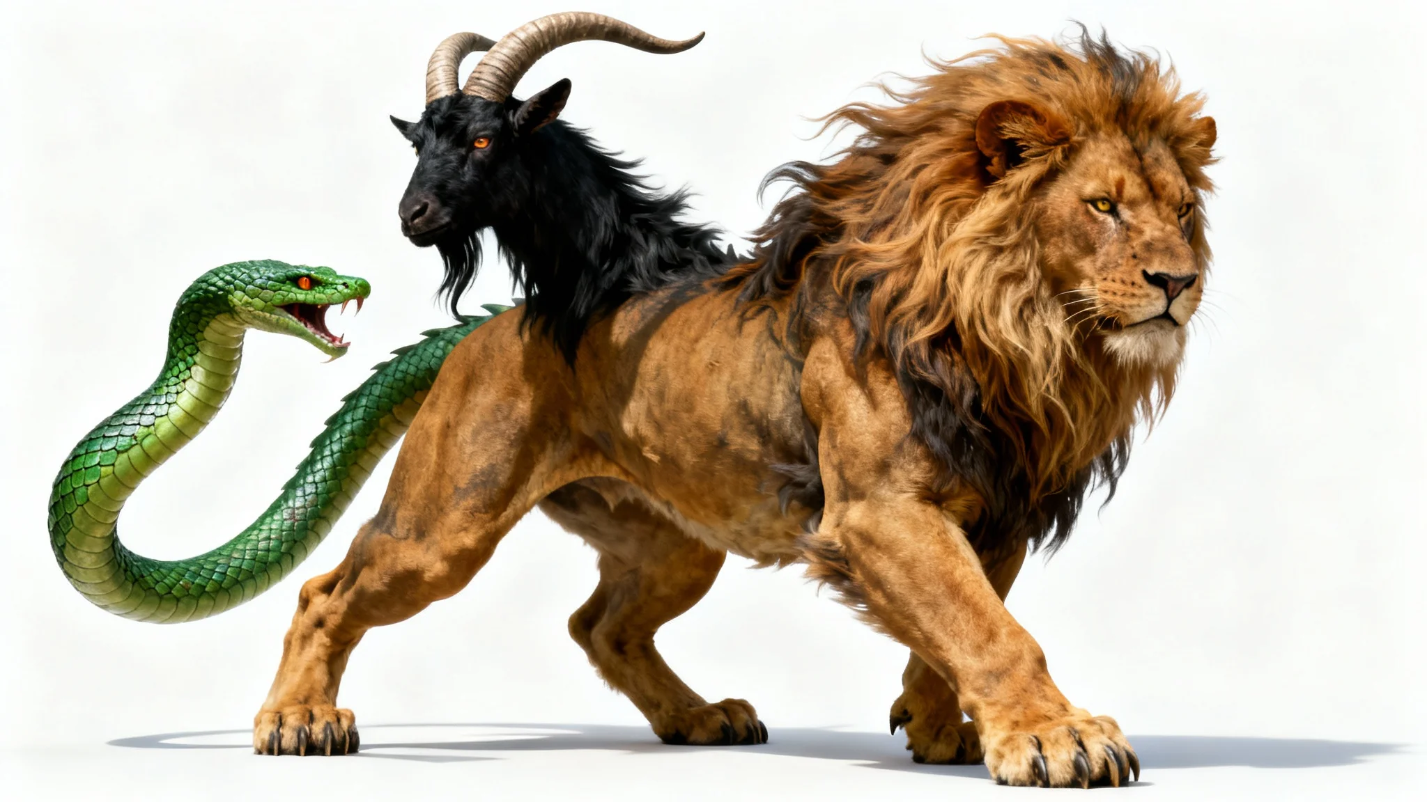 A hyper-realistic image of the mythological Chimera on a white background. It features the body of a lion, a goat's head emerging from its back, and a snake for a tail, all in a powerful and dynamic pose.