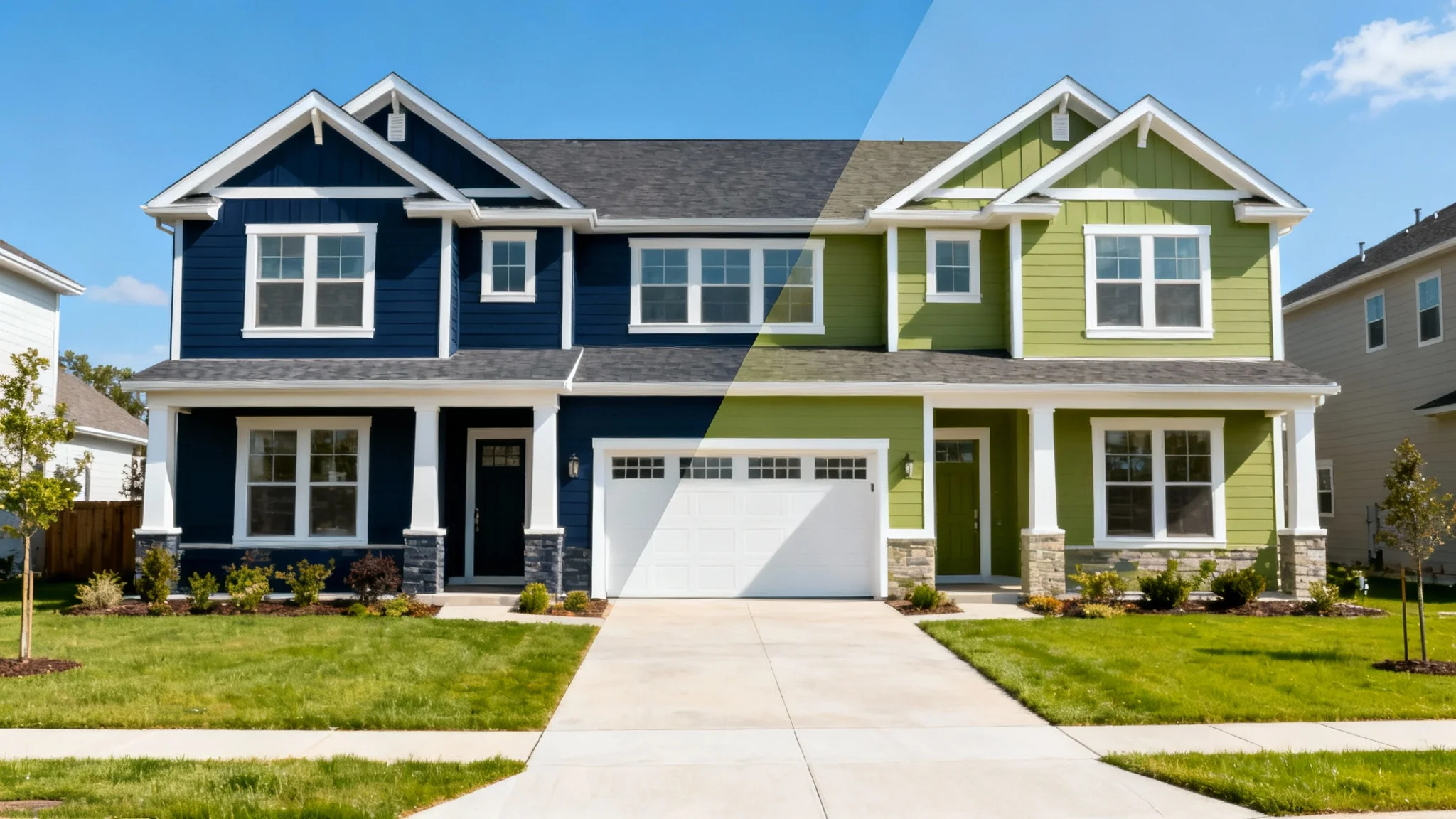 A hero image showing a modern house split into two color schemes; the left is navy blue and the right is sage green, demonstrating an exterior paint color changer tool.