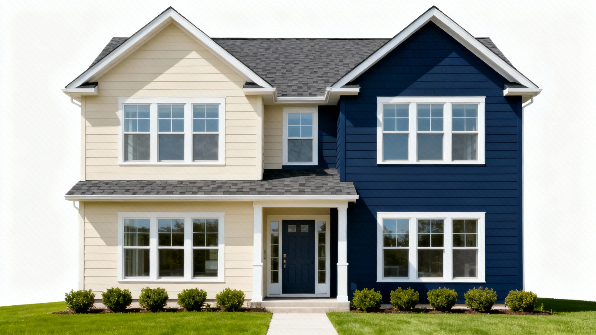 A photorealistic mockup of a modern suburban house, with its exterior color split down the middle, half beige and half navy blue, showcasing a house color changer tool.