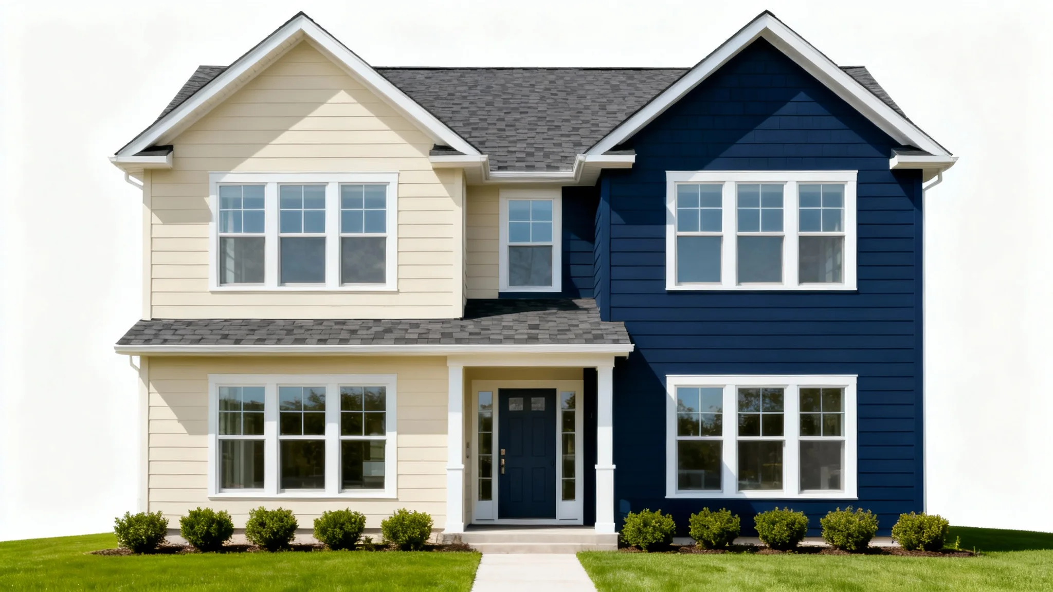 A photorealistic mockup of a modern suburban house, with its exterior color split down the middle, half beige and half navy blue, showcasing a house color changer tool.