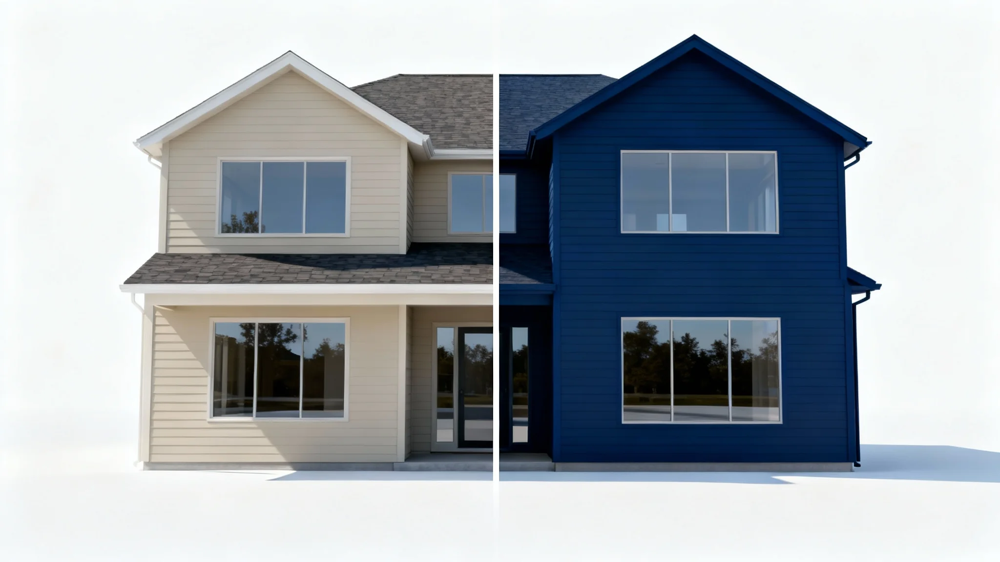 A photorealistic mockup of a modern two-story house on a white background, with its color split down the middle; one side is beige, and the other is a stylish navy blue, illustrating a color change.