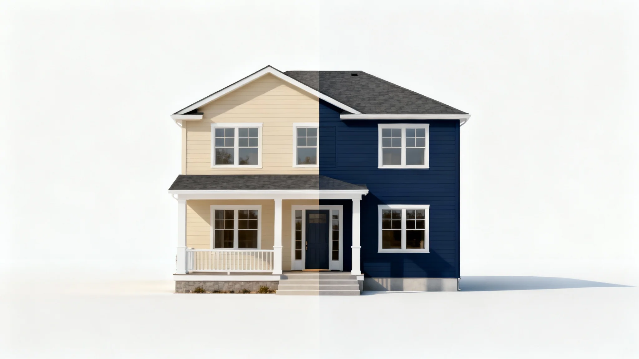 A modern two-story house demonstrating a color change. The left side is painted beige, and the right side is painted navy blue, with a sharp dividing line down the center. The background is solid white.