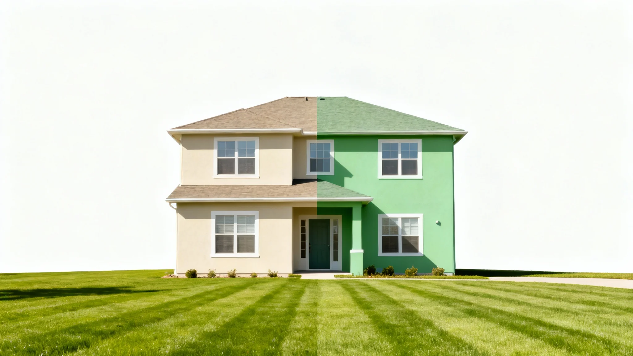 A photorealistic mockup of a house demonstrating a color change. The house is split in the middle, with the left side painted beige and the right side painted sage green, all against a clean white background.