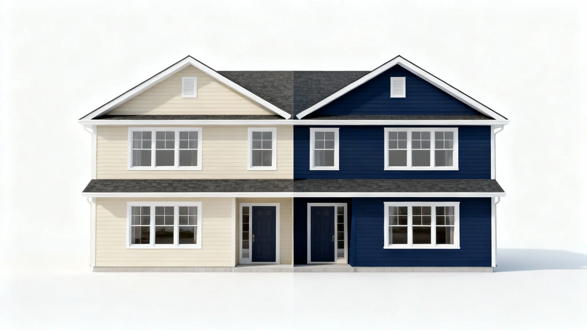 A modern two-story house shown against a white background, split in the middle to show two different color options: the left side is beige, and the right side is navy blue.