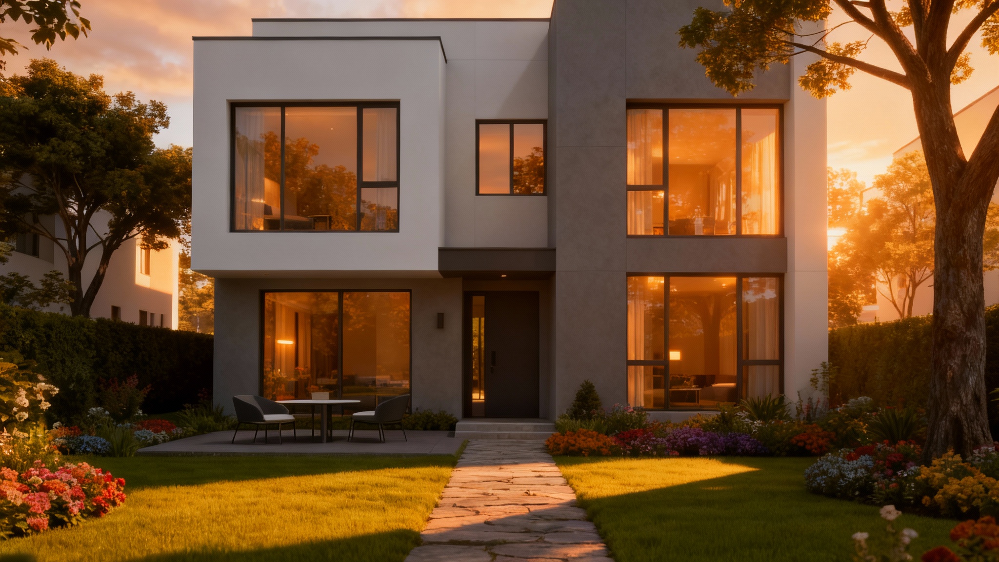 A stunning, photorealistic architectural render of a modern townhouse at sunset, complete with professionally landscaped gardens, a stone path, and warm interior lighting.