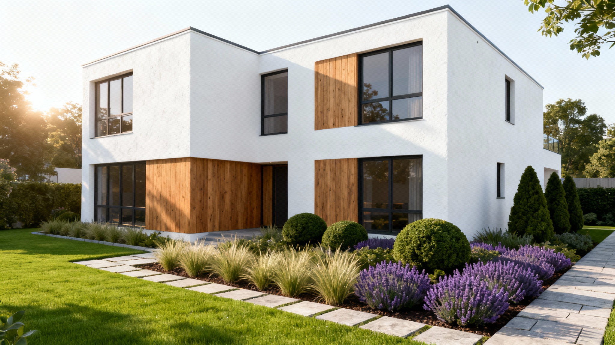 A photorealistic 3D render of a contemporary townhouse with a beautifully landscaped front yard, showcasing a manicured lawn, stone path, and vibrant plants, all set against a clean white background.