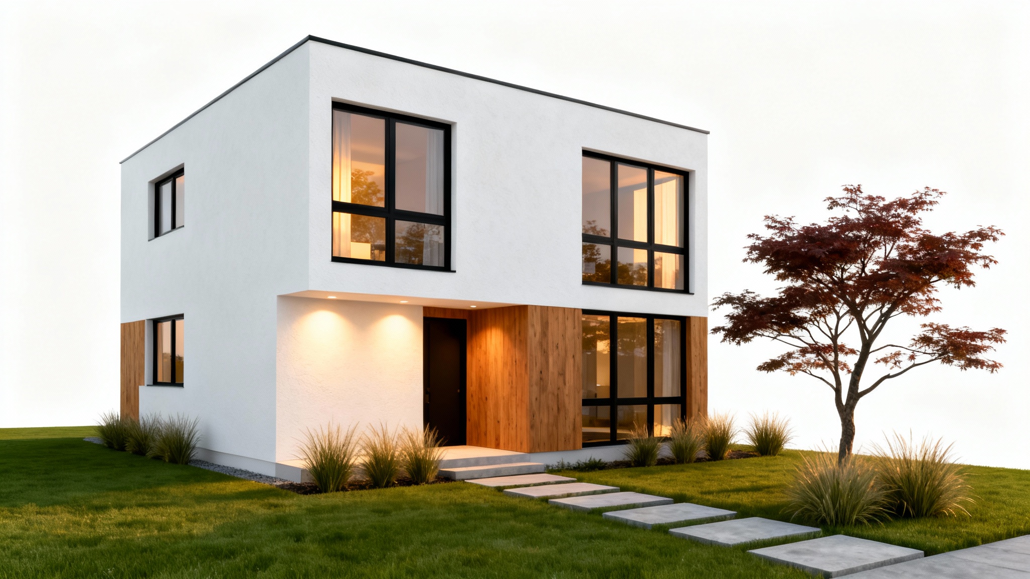 A photorealistic 3D render of a modern townhouse with meticulous landscaping, including a perfect lawn and ornamental plants, set against a stark white background.