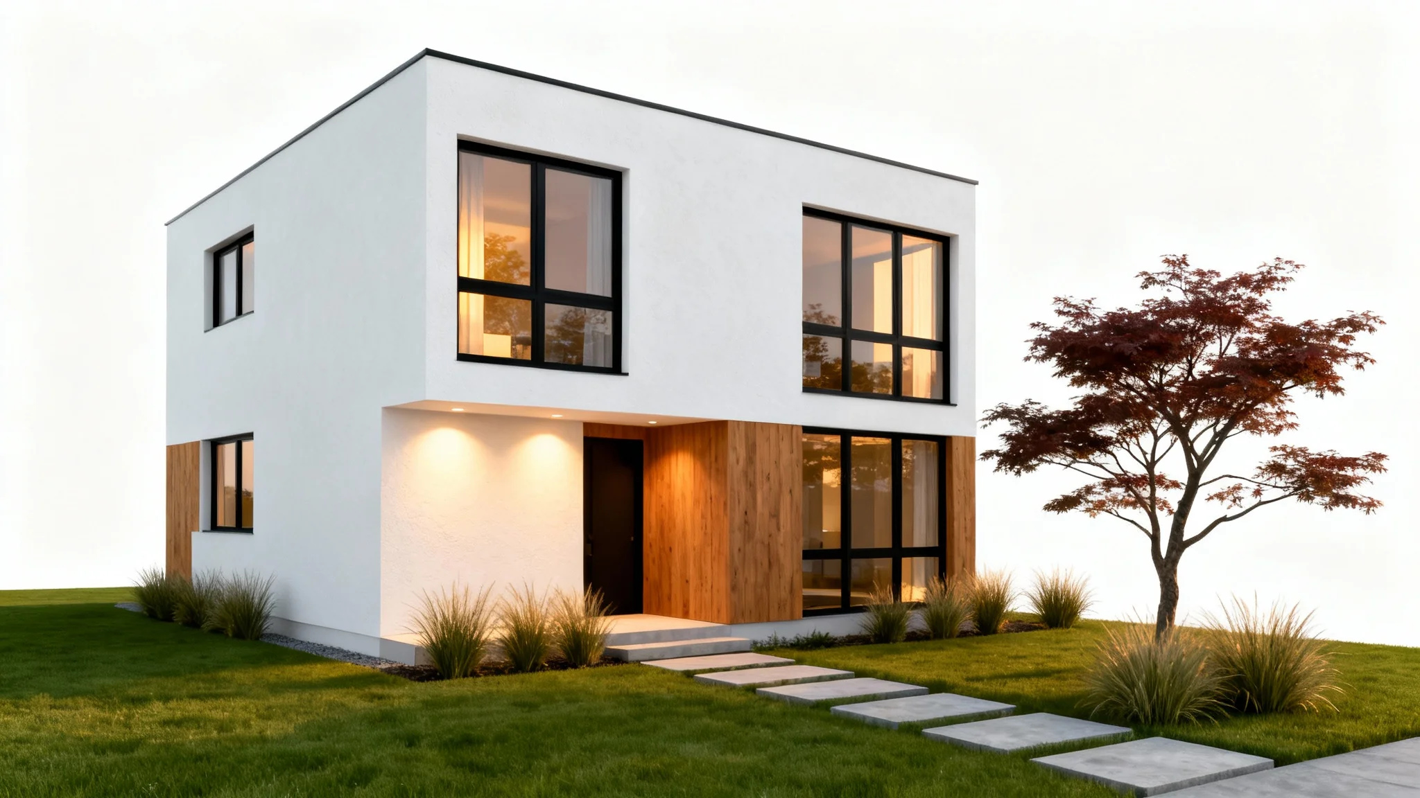 A photorealistic 3D render of a modern townhouse with meticulous landscaping, including a perfect lawn and ornamental plants, set against a stark white background.