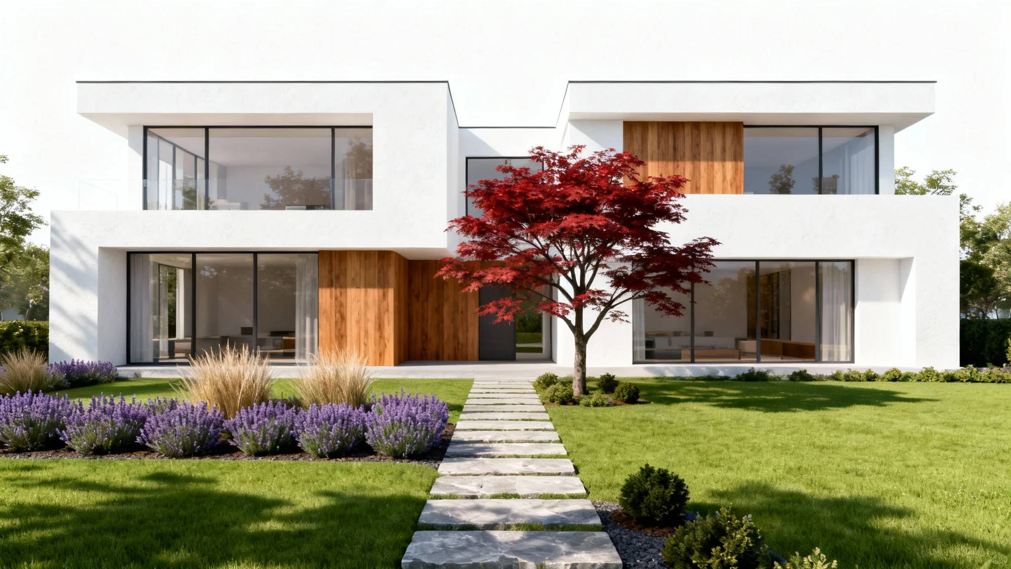 A photorealistic 3D render of a modern townhouse featuring beautiful landscaping with a green lawn, stone path, and a Japanese maple tree, all set against a clean white background.