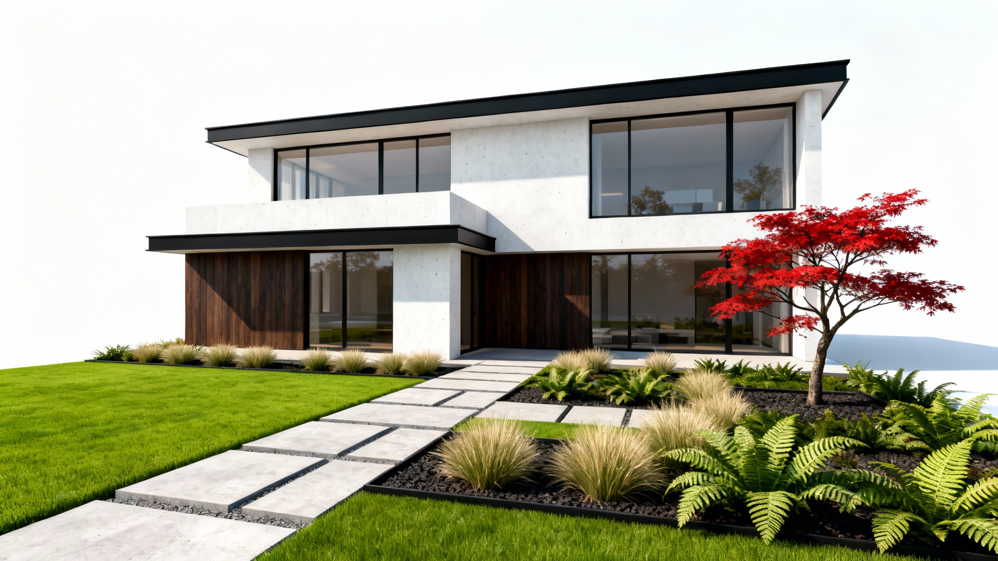 A photorealistic architectural render of a modern townhouse with pristine landscaping, including a green lawn, stone path, and ornamental plants, on a white background.